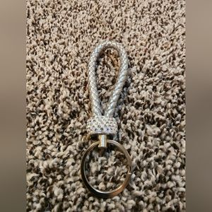 Silver braided leather crystal keychain fob